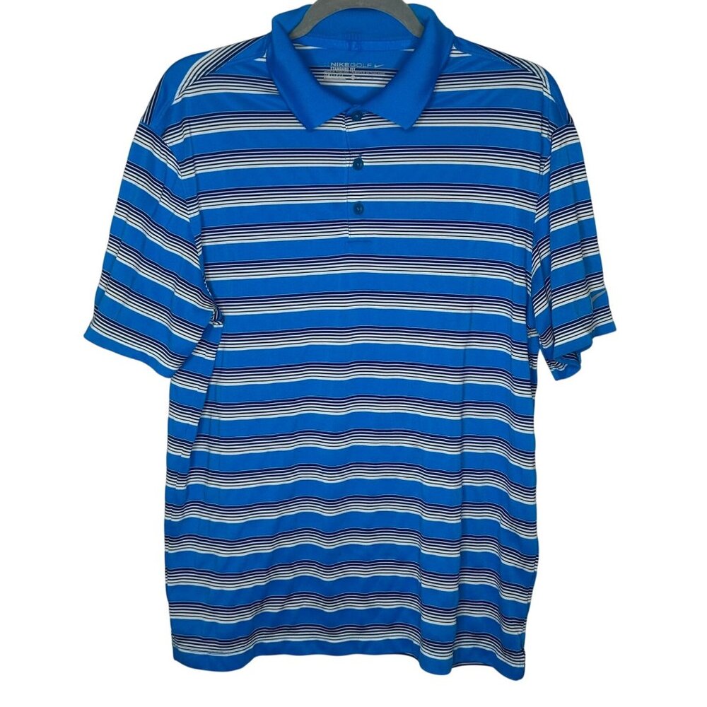 Nike Golf Mens Standard Fit Polo Shirt Blue White Striped Polyester Size L